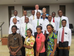 Joy and Phil McMullin with a group of newly arrived missionaries at the Lubumbashi mission home, January 2013.