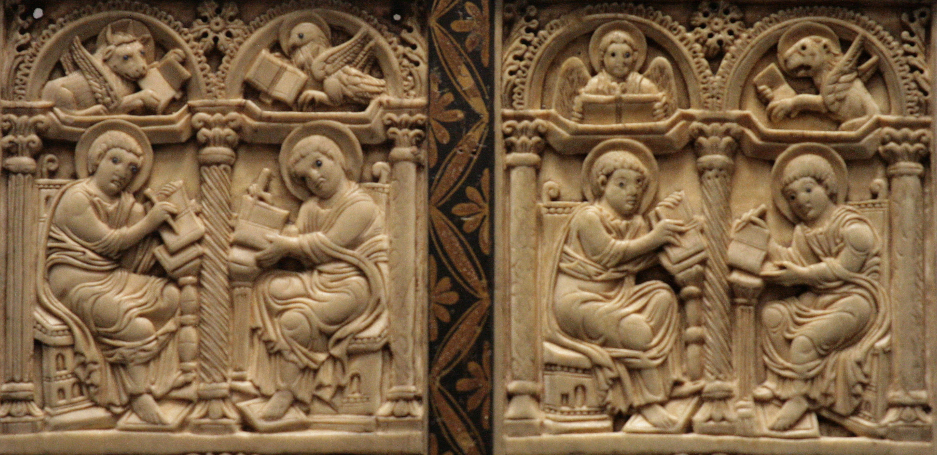 The Four Evangelists with their symbols. Ivory relief, Germany, c.800 AD. In the St. Cecilia Church and Schnütgen Museum, Cologne.