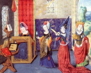 Illustration from the Book of the City of Ladies by de Pizan. It depicts the author conversing with the three queens.