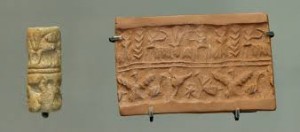 Cylinder seal and impression on clay: banquet scenes. Shell-(?), Early Dynastic III (ca. 2500–2400 BCE), found in Mari. Wikimedia image.